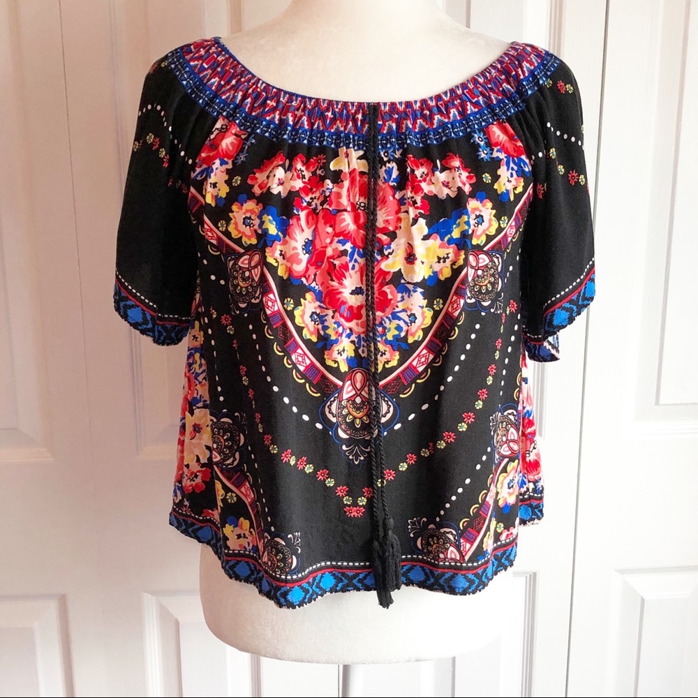 Flying Tomato Boho Black & Red Multi Floral Print Knit Peasant Crop Top XS